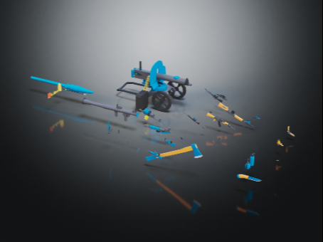 Guns, rocket launchers, axes, swords, halberds, weapons