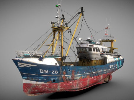 Cargo ship model, fishing boat model, salvage ship