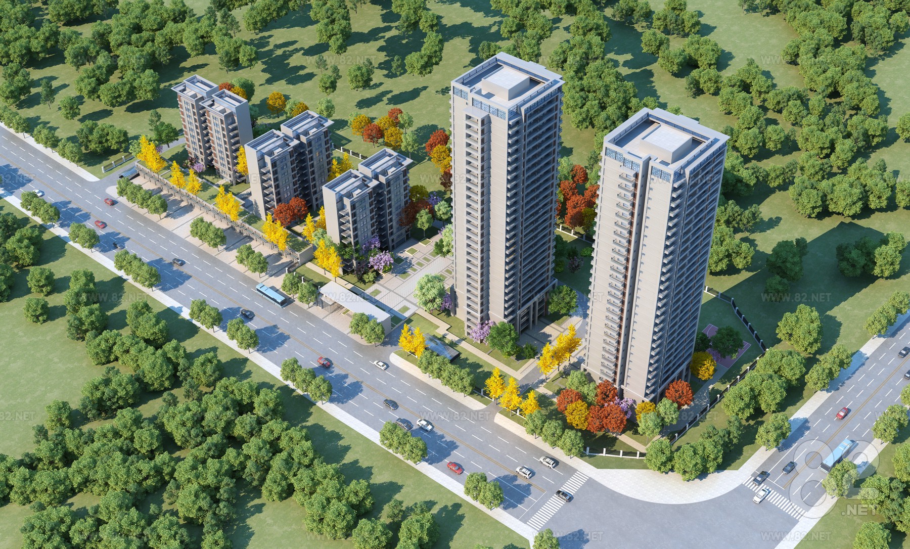 Landscape High Rise View Bird's-eye view of road landscape modern high-rise building 3d Model ...