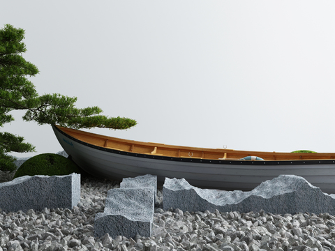 Neo-Chinese Style wooden boat landscape sketch