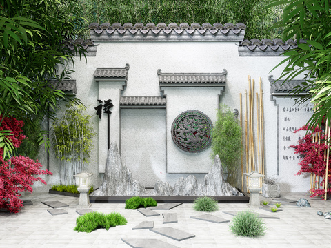 Chinese-style horseshou wall bamboo gardening sketch