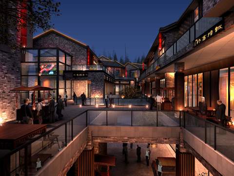 Neo-Chinese Style commercial street atrium night scene psd