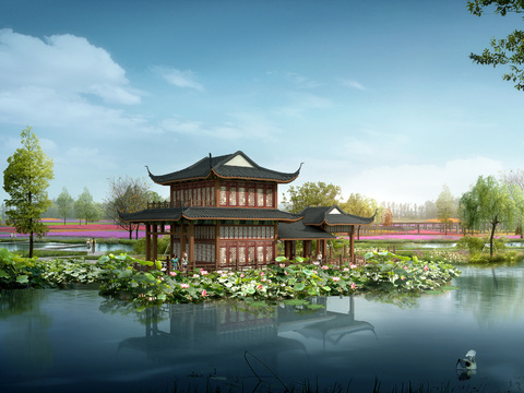 Chinese river pavilion pavilion psd