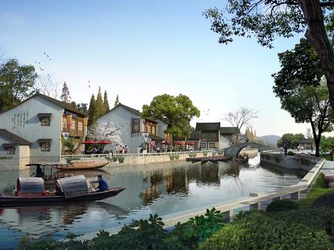 Neo-Chinese Style river boat garden psd