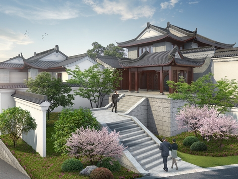 Chinese villa courtyard garden psd