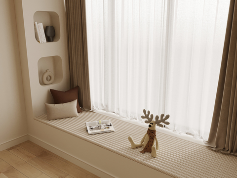 Bay window, window sill, curtain, bay window mat