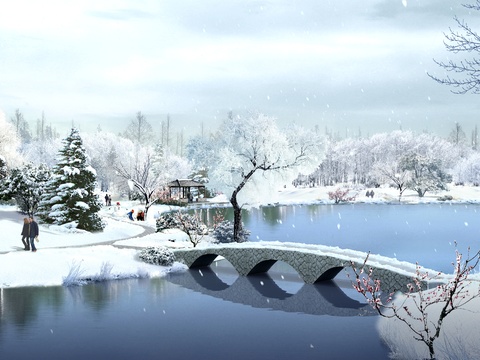 modern park snow ice lake covered bridge psd