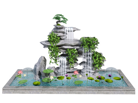 New Chinese-style rockery flowing water lotus pond gardening sketch