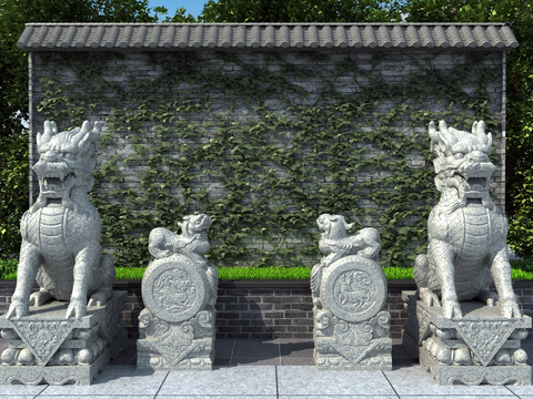 Chinese Style Stone Lion Door-guarding Beast Sculpture