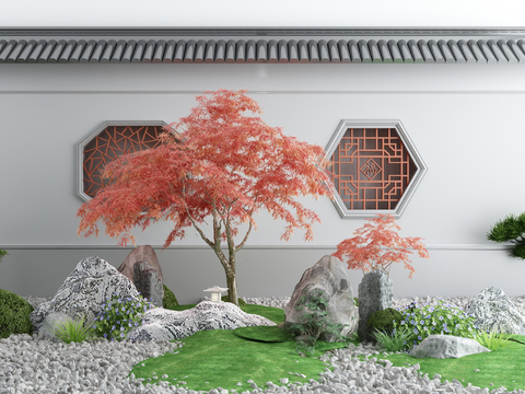 Neo-Chinese Style Red Maple Tree Rock Landscape