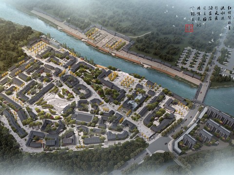 Neo-Chinese Style ancient building bird's eye view psd