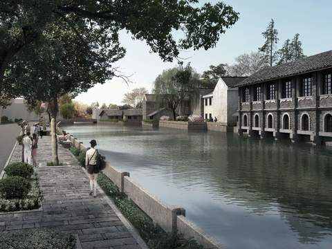 Neo-Chinese Style river bridge landscape psd