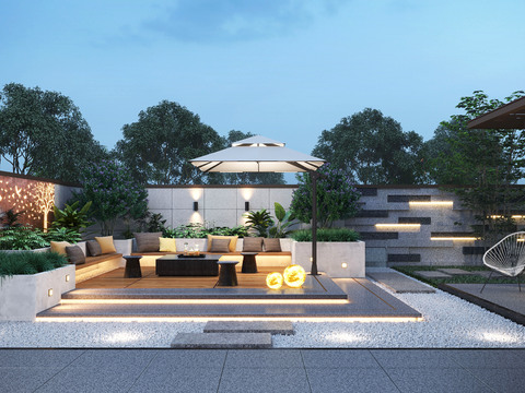 Modern villa courtyard night view