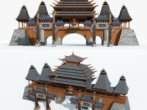 Chinese-style ancient architecture, bridge tower, ancient city tower