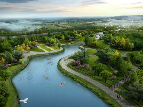 modern wetland park garden bird's eye view psd