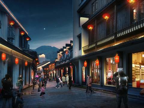 Neo-Chinese Style commercial street atrium night landscape psd