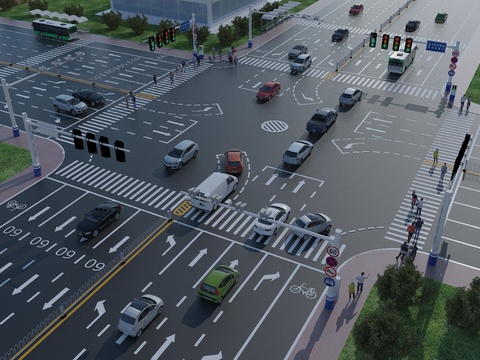 Modern urban traffic, street intersection, bird's-eye view