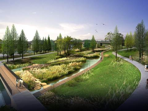 modern wetland garden bird's-eye view psd