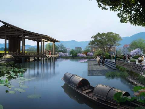 Neo-Chinese Style creek boat garden garden psd