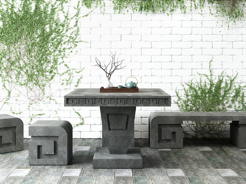 Neo-Chinese Style Stone Table Stone Bench Climbing Wall Plant Combination