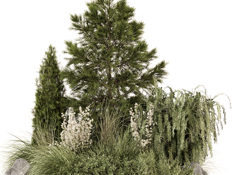 Grass flowers, pine trees, green plants, stones