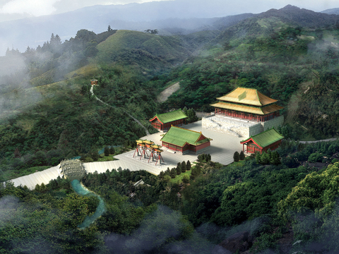 Chinese mountain ancient building folk appearance bird's eye view psd