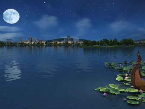 Modern Lotus Lake Canoe Night View