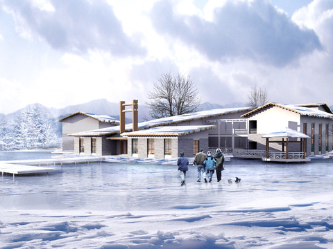 modern lake villa exterior snow psd