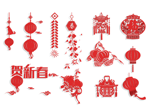 New Chinese Traditional Spring Festival Lantern Firecrackers Paper-cut Silhouette Wall Decoration