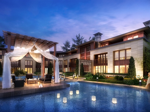 Modern villa inner courtyard pool night view