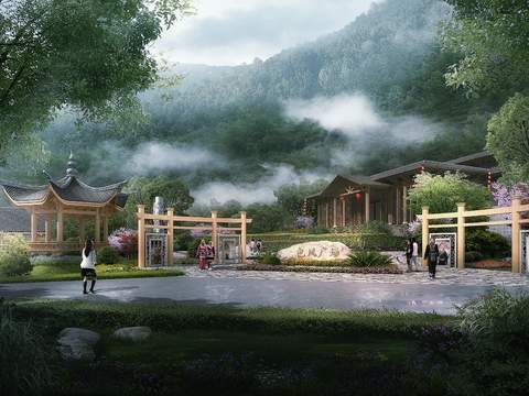 Neo-Chinese Style beautiful countryside ancient building psd