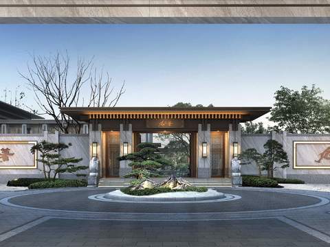 Neo-Chinese Style courtyard gate landscape psd