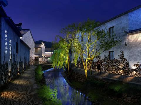 Neo-Chinese Style creek road bridge night scene psd