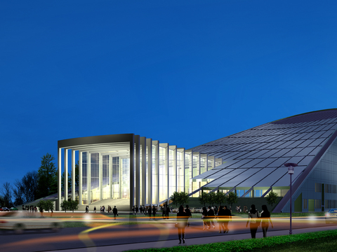 modern exhibition hall exterior night scene psd