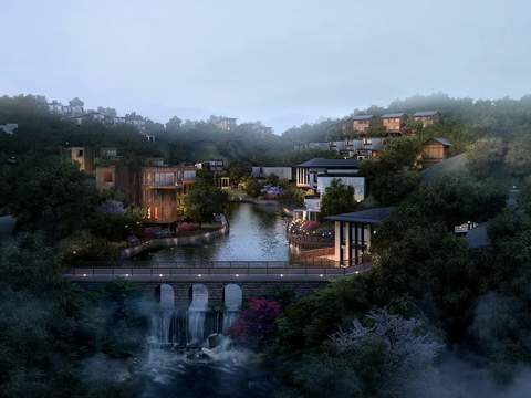 new chinese mountain villa night psd