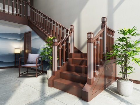 Neo-Chinese Style solid wood staircase