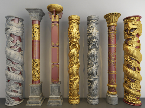 Chinese-style Panlong Column Carved Pillar