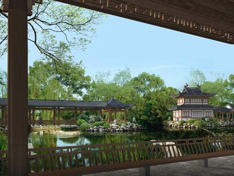 Neo-Chinese Style bridge pavilion garden psd