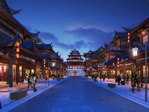 Neo-Chinese Style ancient commercial street night landscape psd