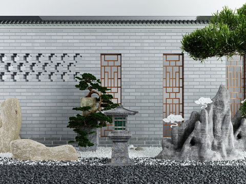 Chinese-style landscape sketch of dry landscape rockery pine tree