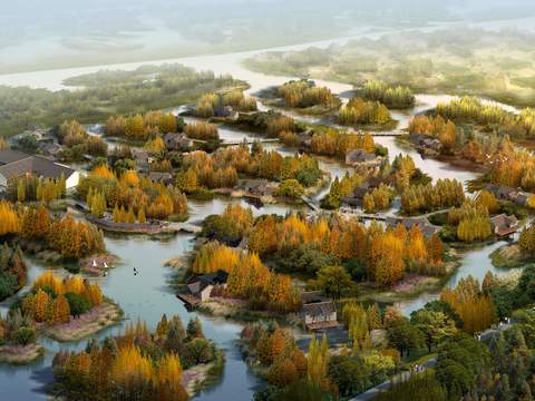 Neo-Chinese Style wetland garden bird's eye view psd