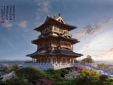 Chinese ancient tower appearance psd