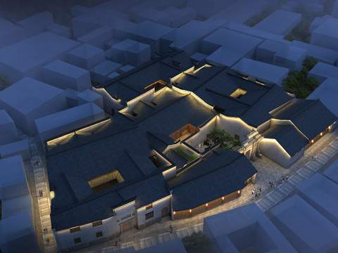 new chinese commercial building night view bird's eye view psd