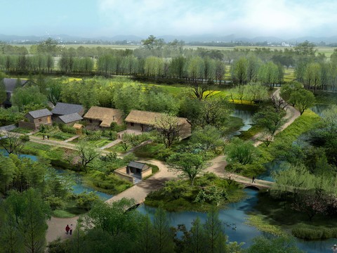 Neo-Chinese Style wetland garden bird's eye view psd