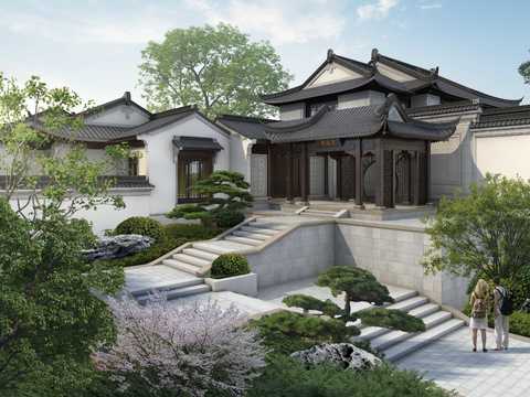 Chinese villa Garden Landscape psd