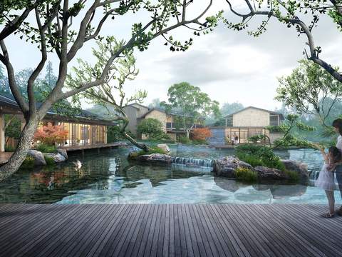 Chinese flowing water garden landscape psd