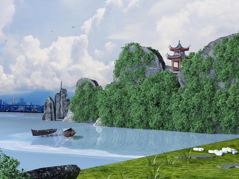 New Chinese-style Riverbank Landscape