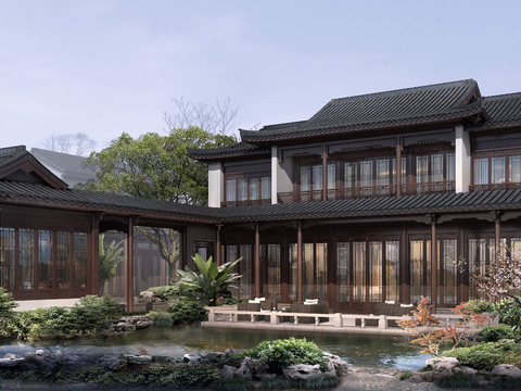 Chinese villa Garden Landscape psd