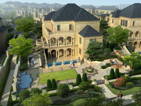 European residential building appearance bird's eye view psd