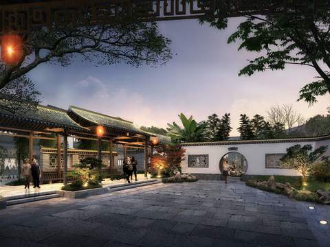 new chinese courtyard garden night scene psd